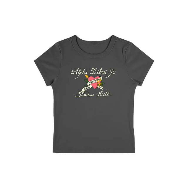 Front view of Alpha Delta Pi fitted t-shirt with heart and scroll design reading 'Alpha Delta Pi Shadow Hill Miami