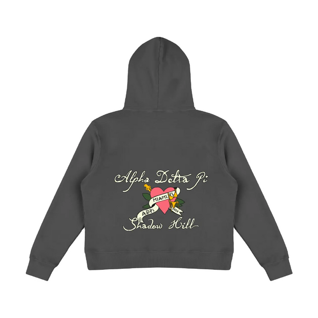 Back view of Alpha Delta Pi charcoal hoodie with large heart and scroll graphic reading 'Alpha Delta Pi Shadow Hill Miami