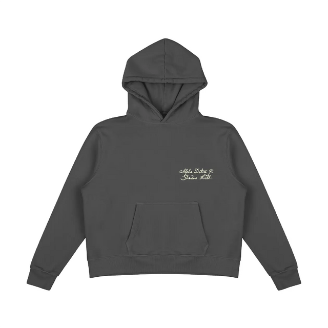 Front view of Alpha Delta Pi charcoal hoodie with small 'Alpha Delta Pi Shadow Hill' script on left chest