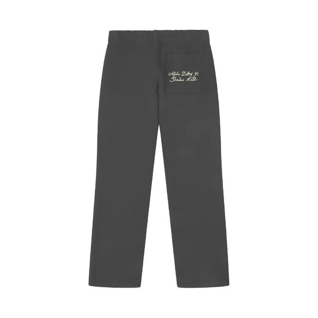 Back view of Alpha Delta Pi charcoal sweatpants with 'Alpha Delta Pi Shadow Hill' text on back pocket