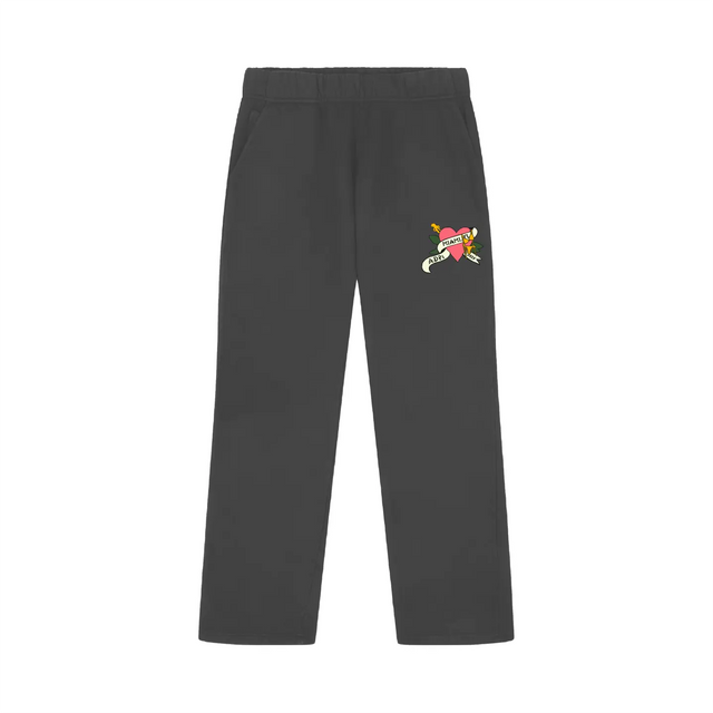 Front view of Alpha Delta Pi charcoal sweatpants with heart and scroll graphic on upper thigh