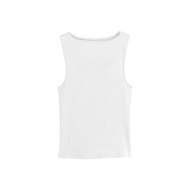 Back view of a plain white ribbed tank top