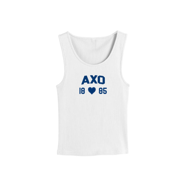 White ribbed tank top with navy AXO 1885 heart design on the front