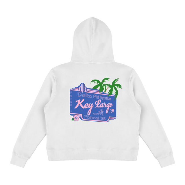 Back of white hoodie featuring large neon-style “Key Largo, FL – Delta Phi Epsilon Formal ’25” graphic with palm trees and tropical design