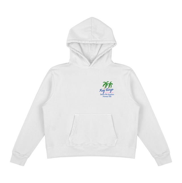 White hoodie with small “Key Largo Delta Phi Epsilon Formal ’25” text and palm trees on the front left chest