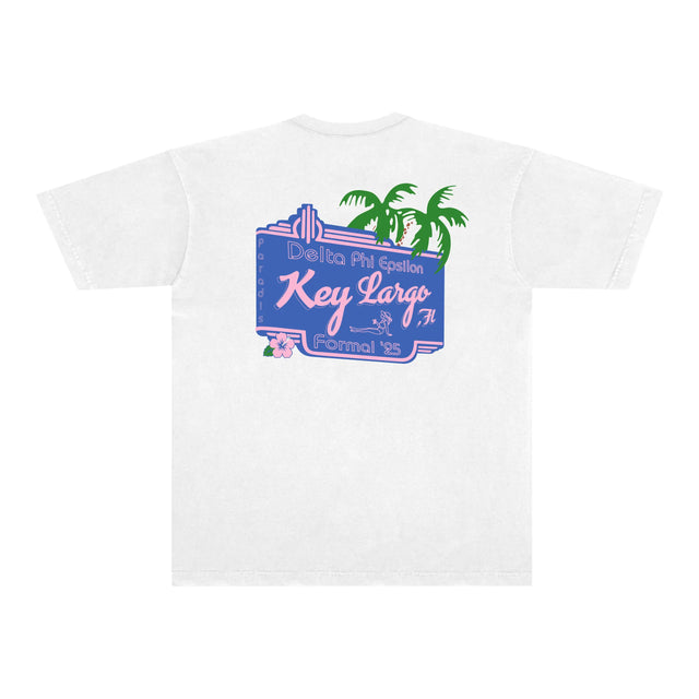 Back of white t-shirt featuring large neon-style “Key Largo, FL – Delta Phi Epsilon Formal ’25” graphic with palm trees and tropical elements
