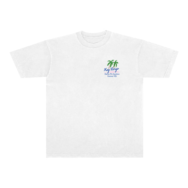 White t-shirt with small “Key Largo Delta Phi Epsilon Formal ’25” text and palm trees on the front left chest