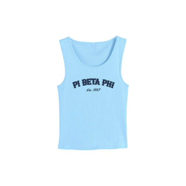 Light blue ribbed tank with ‘Pi Beta Phi – Est. 1867’ graphic, front view.