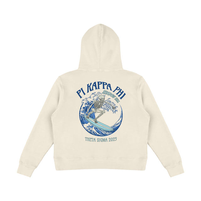 Back of cream Pi Kappa Phi hoodie featuring a skeleton surfing design with “Theta Sigma 2025” and “Shadow Hill” text.
