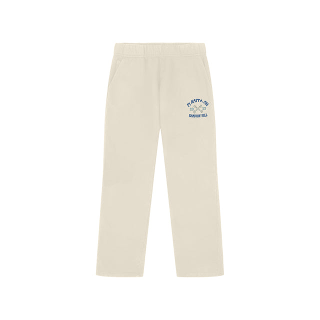 Front view of cream Pi Kappa Phi Shadow Hill sweatpants with blue logo on left leg.