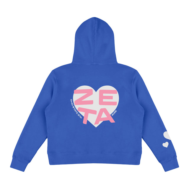 Back of royal blue Zeta Tau Alpha hoodie with large heart-shaped ZETA graphic and Ohio State ZTA 2025 text