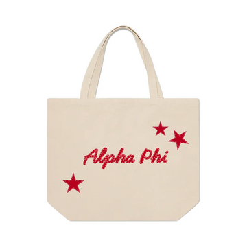 Beige tote bag with Alpha Phi text and red star graphics