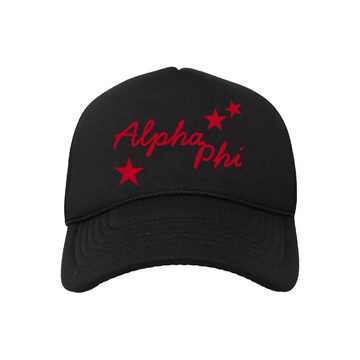 Black baseball cap with Alpha Phi text and red star graphics on the front