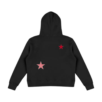 Black hoodie with red and gingham star graphics on the back