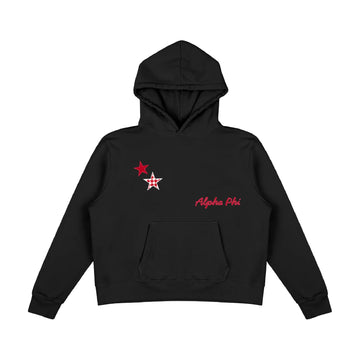 Black hoodie with Alpha Phi text and star graphics on the front