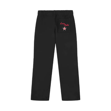 Black sweatpants with Alpha Phi Love text and red star graphic on back pocket