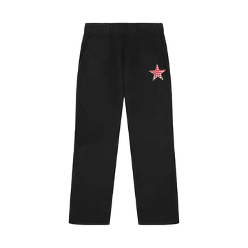 Black sweatpants with red star graphic on front leg