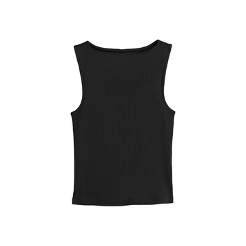 Plain black ribbed tank top back view with no design