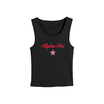 Black ribbed tank top with Alpha Phi text and red star graphic on front