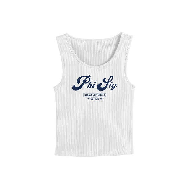White ribbed tank top with navy Phi Sig logo and Drexel University text