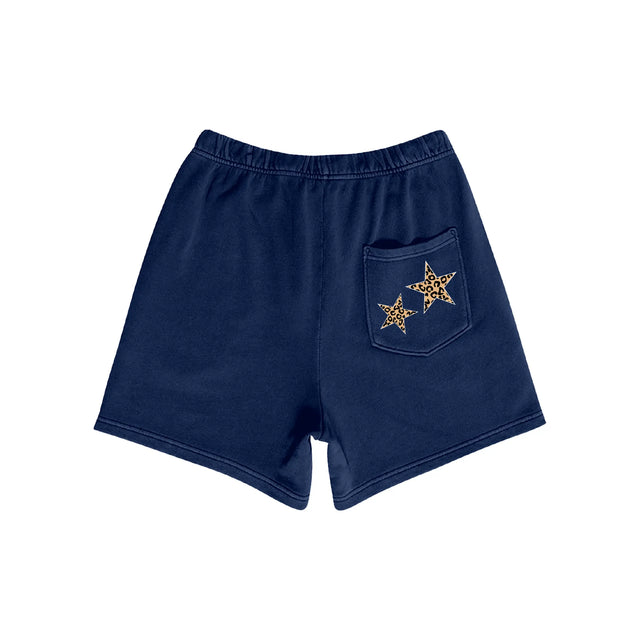 Navy shorts with back pocket featuring two leopard-print star graphics