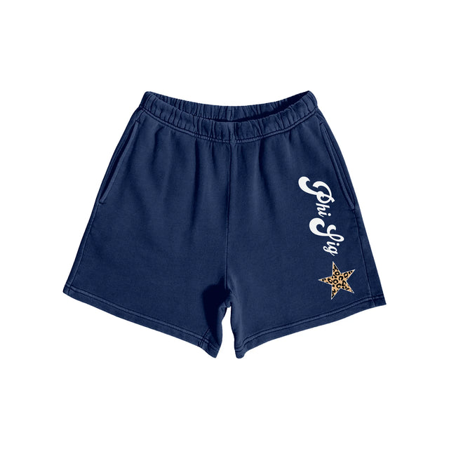 Navy shorts with Phi Sig logo printed on front and leopard-print star on leg