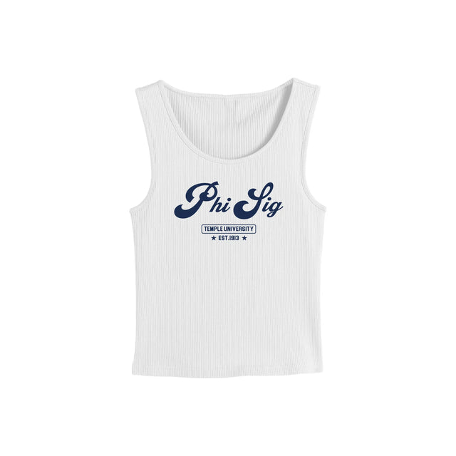 White ribbed tank top with navy Phi Sig logo and Temple University text