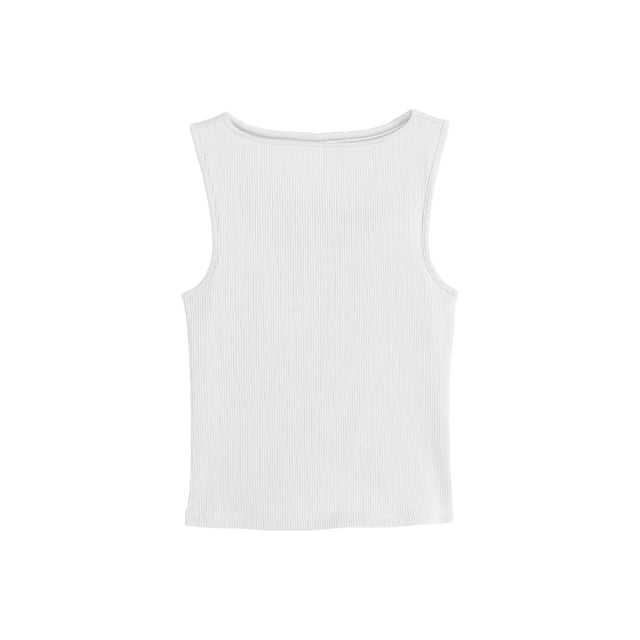 Plain white ribbed tank top back view with no design