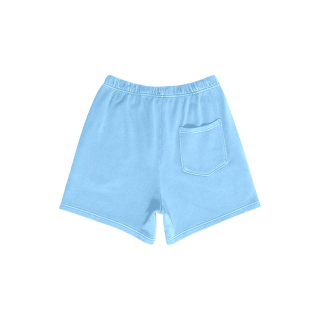 Light blue fleece shorts with back pocket, back view.