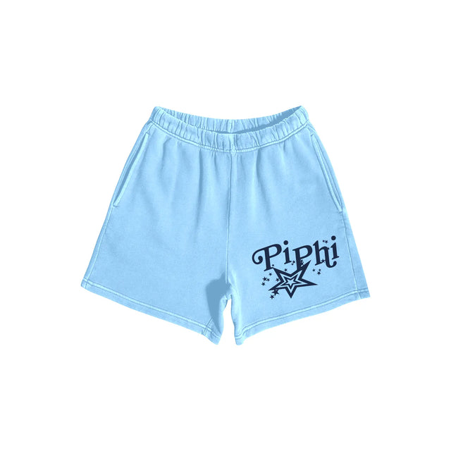 Light blue fleece shorts with ‘PiPhi’ star logo, front view