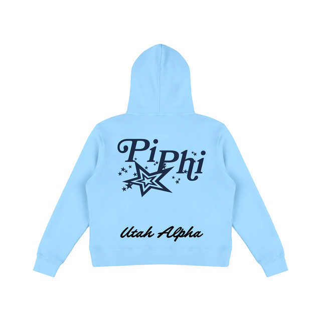 Light blue hoodie with ‘PiPhi’ star graphic and ‘Utah Alpha’ text on back.