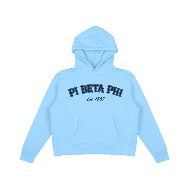 Light blue Pi Beta Phi hoodie with ‘Est. 1867’ text, front view.
