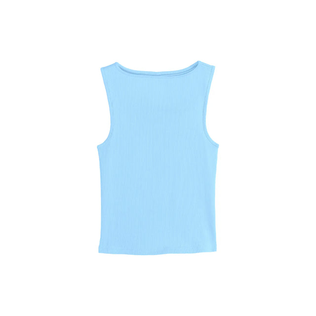 Light blue ribbed tank top, back view.
