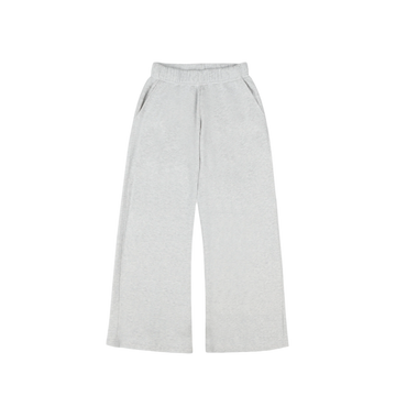 The front side of light gray wide-leg pants with an elastic waistband and side pockets, laid flat on a transparent background.