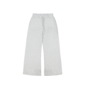 The back side of light gray wide-leg pants with an elastic waistband and side pockets, laid flat on a transparent background.