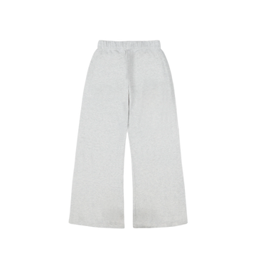 The back side of light gray wide-leg pants with an elastic waistband and side pockets, laid flat on a transparent background.