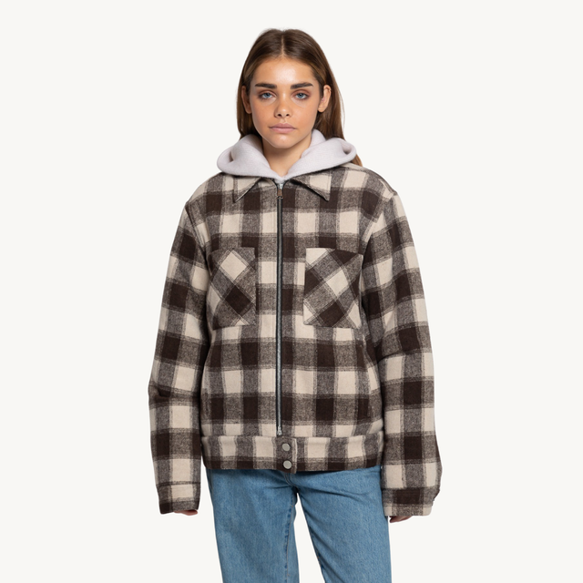 WALNUT PLAID WOOL ZIP JACKET