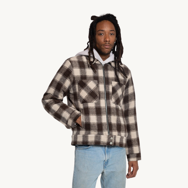 WALNUT PLAID WOOL ZIP JACKET